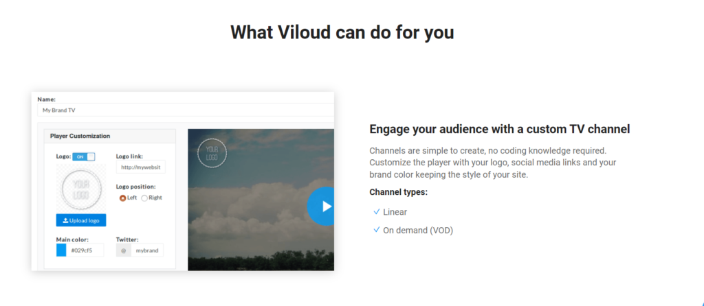 Viloud online video platform for creating and distributing live, linear, FAST and on-demand TV channels.